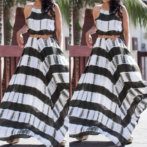 Fashion Sleeveless Contrast Color Striped Sling Maxi Dress