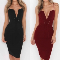 Sexy Backless Deep V-neck Lace-up High Waist Sling Party Dress