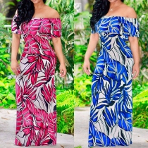 Sexy Off-shoulder Boat Neck High Waist Printed Maxi Dress