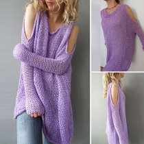 Sexy Off-shoulder Long Sleeve Round Neck Solid Color Knit Sweater
