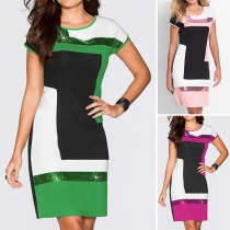 Fashion Contrast Color Short Sleeve Round Neck Sequin Spliced Dress