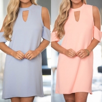 Sexy Off-shoulder Short Sleeve Hollow Out Round Neck Solid Color Dress