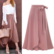 Fashion Solid Color Irregular Slit Hem High Waist Skirt