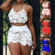 Sexy Backless 3D Flowers Spliced Cami Top + High Waist Shorts Two-piece Set