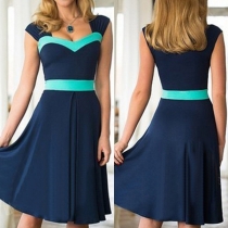 Fashion Sleeveless Square Collar High Waist Contrast Color Dress