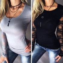 Sexy See-through Lace Spliced Long Sleeve Round Neck T-shirt