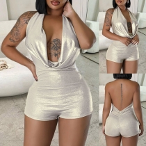 Sexy Backless Cowl Neck Sleeveless Hooded Solid Color Romper