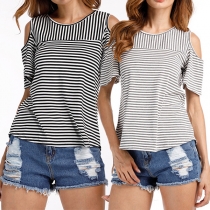 Fashion Off-shoulder Short Sleeve Round Neck Slit Hem Striped T-shirt