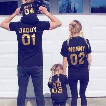 Fashion Gold-tone Letters Printed Short Sleeve Round Neck Parent-child T-shirt