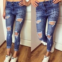 Punk Style High Waist Rivets Ripped Skinny Jeans