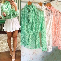 Sweet Style Lace-up Bowknot Collar Long Sleeve Lace Top
