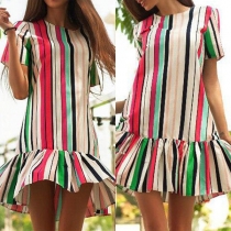 Fashion Short Sleeve Round Neck Ruffle Hem Colorful Striped Dress