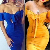 Sexy Off-shoulder Bowknot High Waist Slim Fit Solid Color Party Dress