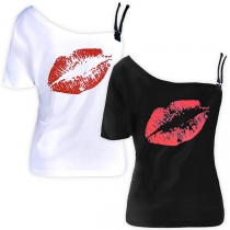 Sexy One-shoulder Red-lip Printed Short Sleeve T-shirt