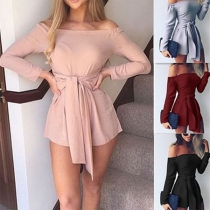Sexy Off-shoulder Boat Neck Long Sleeve Lace-up Solid Color Romper