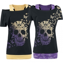 Fashion Contrast Color Butterfly Skull Printed Mock two-piece T-shirt
