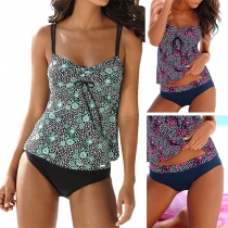 Sexy Backless V-neck Printed Top + Low-waist Panty Swimsuit Set