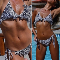 Sexy Tassel Striped Halter Bikini Set