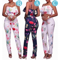 Sexy Backless Cami Top + High Waist Pants Printed Two-piece Set