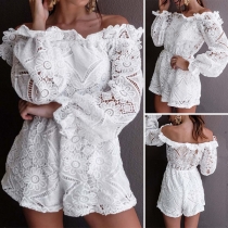 Sexy Off-shoulder Boat Neck Long Sleeve Elastic Waist Lace Romper