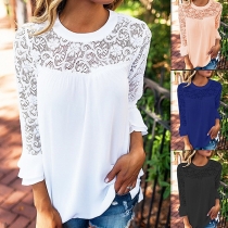 Fashion Lace Spliced Long Sleeve Round Neck Solid Color Chiffon Top