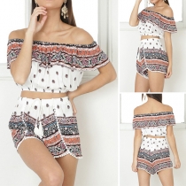 Sexy Off-shoulder Crop Top + High Waist Shorts Printed Two-piece Set