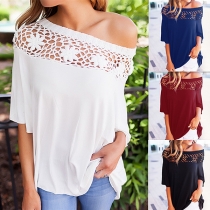 Sexy Off-shoulder Boat Neck Hollow Out Lace Spliced Solid Color Top