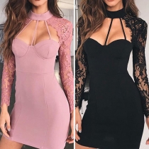 Sexy Lace Spliced Long Sleeve Hollow Out Slim Fit Party Dress