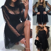Sexy Dots Printed See-through Gauze Spliced Trumpet Sleeve Dress