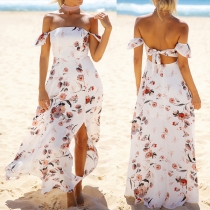 Sexy Off-shoulder Slit Hem Printed Beach Dress