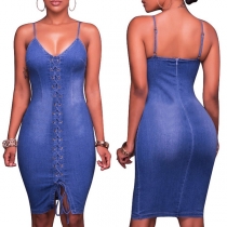 Sexy Hollow Out Lace-up Sleeveless Slim Fit Denim Dress
