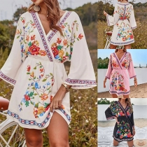 Bohemian Style Long Sleeve V-neck Embroidered Beach Dress