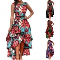 Fashion Sleeveless Round Neck High-low Hem Printed Dress