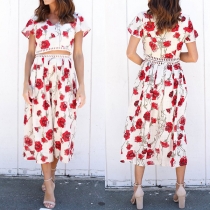 Sexy Short Sleeve V-neck Crop Top + High Waist Skirt Printed Two-piece Set