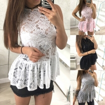 Sexy Sleeveless Round Neck Ruffle Hem Hollow Out Lace Top