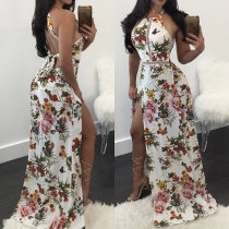 Sexy Backless Side-slit Hem High Waist Printed Party Dress