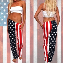 Fashion American Flag Printed High Waist Casual Pants