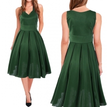 Elegant Solid Color Sleeveless V-neck High Waist Pleated Hem Dress