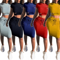 Fashion Ripped Short Sleeve Crop Top+Self-tying High Waist Skirt Two Pieces Set 