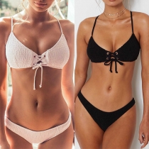 Sexy Solid Color Lace-up Pleated Bikini Set