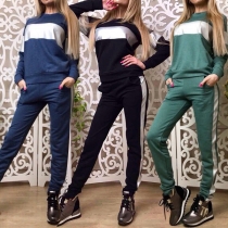 Fashion Contrast Color Long Sleeve Round Neck Sweatshirt + Pants Two-piece Set