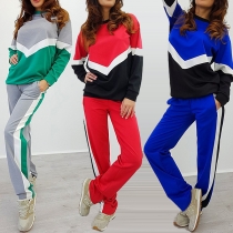 Fashion Contrast Color Long Sleeve Round Neck Casual Sports Suit
