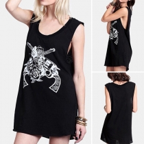 Fashion Pistol Printed Sleeveless Round Neck Loose T-shirt Dress
