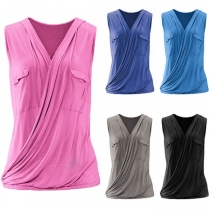 Fashion Sleeveless Crossover V-neck Solid Color Top