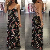 Sexy Backless V-neck High Waist Printed Dress