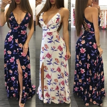 Sexy Backless Deep V-neck Slit Hem Printed Sling Dress