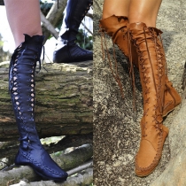 Fashion Solid Color Flat Heel Round Toe Lace-up Over-the-knee Boots