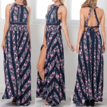 Sexy Backless Slit Hem High Waist Printed Maxi Dress