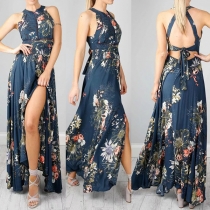 Sexy Backless Side-slit High Waist Printed Halter Dress