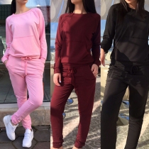 Fashion Solid Color Long Sleeve Round Neck Sweatshirt + Pants Casual Sports Suit